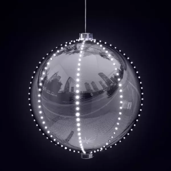 Alpine Corporation 13 in. Tall Large Hanging Christmas Ball Ornament with LED Lights, Silver