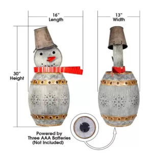 Alpine Corporation 30 in. Tall Weathered Barrel Snowman With Warm White LED Lights