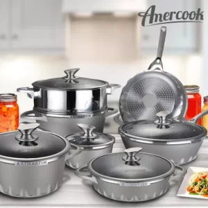 AMERCOOK 11 in. Die Cast Aluminum Round Wok and Lid With Induction Bottom