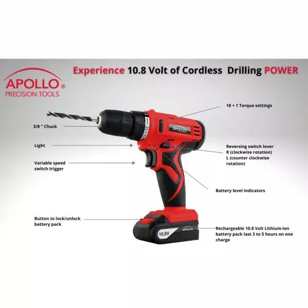 Apollo 10.8-Volt Lithium-Ion Cordless 3/8 in. Drill with Accessory Set (30-Piece)