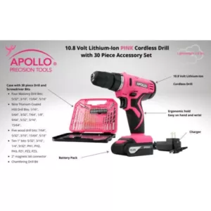 Apollo Tools 10.8-Volt Lithium-Ion 3/8 in. Cordless Drill with Accessory Set (30-Piece)