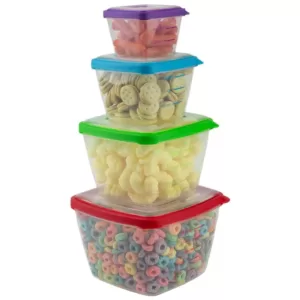 Home Basics 8-Piece Nesting Plastic Food Storage Container Set with Multi-Color Snap-On Lids