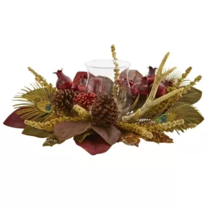 Nearly Natural Magnolia, Berry, Antler and Peacock Feather Artificial Candelabrum Arrangement