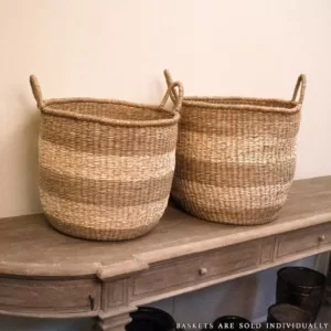 Zentique Rounded Hand Woven Wicker Seagrass Striped Medium Basket with Handles