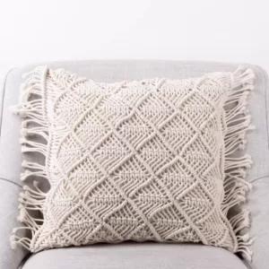 Glitzhome 18 in. L x 18 in. W Hollow-Carved Handmade Cotton Rope Pillow Cover with Tassel