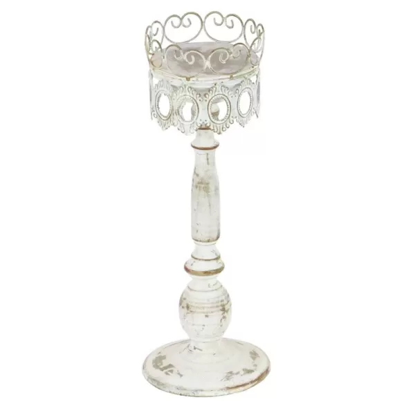 LITTON LANE 14 in. Distressed Ivory Iron Pillar Candle Holders with Filigree-Patterned Cups (Set of 2)