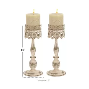 LITTON LANE 14 in. Distressed Ivory Iron Pillar Candle Holders with Filigree-Patterned Cups (Set of 2)