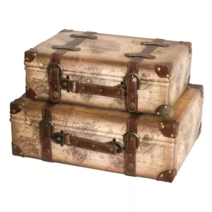 Vintiquewise 17 in. x 12 in. x 6 in. Wood and Faux Leather Old World Map Vintage Style Suitcase with Straps, Set of 2