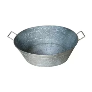 Benjara 1.1 Gal. Small Silver Steel Embossed Design Oval Shape Galvanized Steel Tub with Side Handles