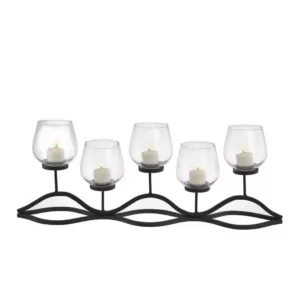 DANYA B Wavy Black Iron Multiple Candle Holder with Glass Hurricane Cups