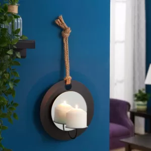 DANYA B Algarve Black Round Pillar Candle Sconce with Mirror and Rope
