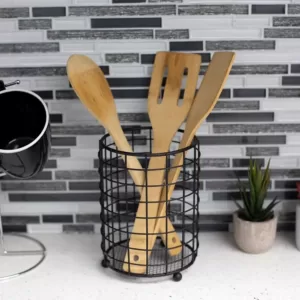 Home Basics Black Grid Free-Standing Cutlery Holder with Mesh Bottom