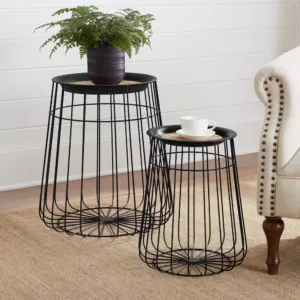 Home Decorators Collection Round Black Metal Decorative Basket with Wood Lid (Set of 2)
