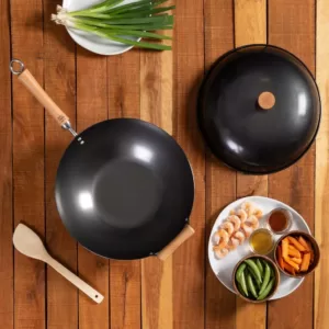 Honey-Can-Do Joyce Chen 4-Piece Wok Set with Black Carbon Steel Non-Stick Wok, High Dome Lid, 12