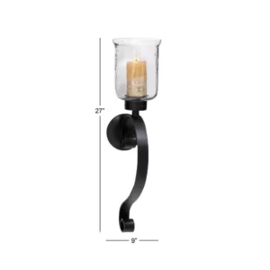 LITTON LANE 27 in. Wrought Iron Candle Sconce with Glass Hurricane Holder