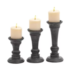 LITTON LANE Distressed Black Mango Wood with Flared Top Candle Holders (Set of 3)