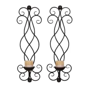 LITTON LANE 25 in. Black Iron Scrollwork Candle Sconce (Set of 2)