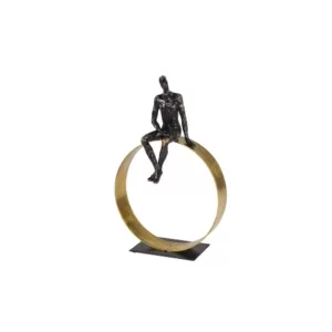 LITTON LANE Textured Black Resin Human Man Figurine in Metallic Gold Circle Statue