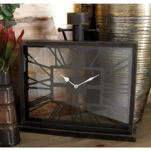 LITTON LANE 20 in. x 18 in. Black Iron and Clear Glass Horizontal Rectangular Table Clock