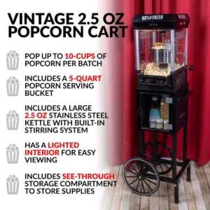 Nostalgia 300 W 2.5 oz. Black Popcorn Cart with 5 Qt. Popcorn Bowl