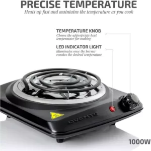 Ovente 1000-Walt (120-Volt) Single Burner 6 in. Hot Plate Black Adjustable Temperature Control