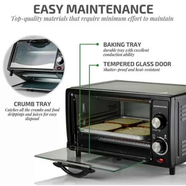 Ovente 800-Watts Electric Black Toaster Oven 3 Cooking Modes 30 Min Timer Crumb Tray, Tempered Glass Door