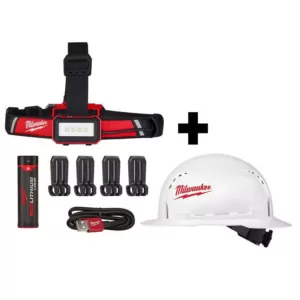 Milwaukee 600 Lumens LED USB Rechargeable Low-Profile Hard Hat Headlamp w/BOLT White Type 1 Class C Full Brim Vented Hard Hat