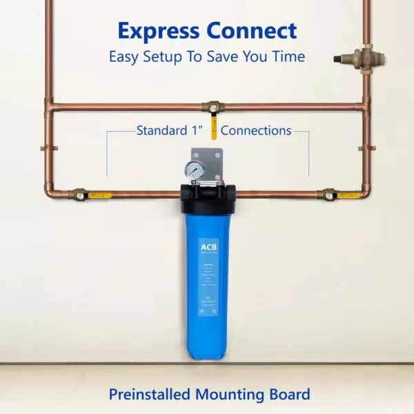 Express Water Whole House 1-Stage Water Filtration System – Charcoal Carbon Filter with Pressure Gauge, Easy Release, 1 in. Connection