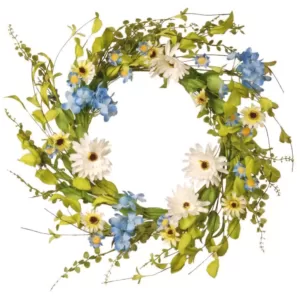 National Tree Company 20 in. White and Blue Hydrangea/Gerber Flowers Floral Wreath Decor