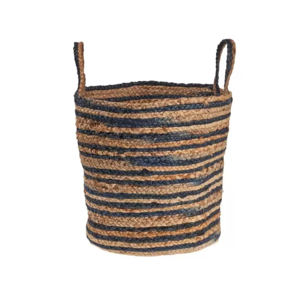 LR Home Wonder Striped Braided Navy Blue Natural Jute Storage Decorative Basket with Handles