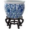 Oriental Furniture Oriental Furniture 14 in. Floral Blue and White Porcelain Fishbowl