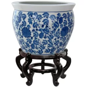 Oriental Furniture Oriental Furniture 14 in. Floral Blue and White Porcelain Fishbowl