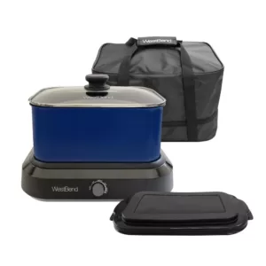 West Bend 6 qt. Blue Non-Stick Versatility Slow Cooker with 5-Temperature Settings Includes Travel Lid and Thermal Tote
