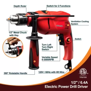 Boyel Living 6.4 Amp Corded 1/2 in. Power Drill Driver Hammer Drill with Variable Speed and Rotatable Handle