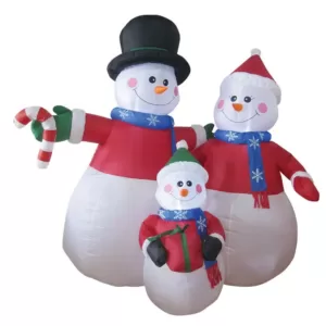 Brite Star 6 ft. Snowman Family Dad with Black Hat, Mom with Red Santa Cap, Child with Green Santa Cap Airblown