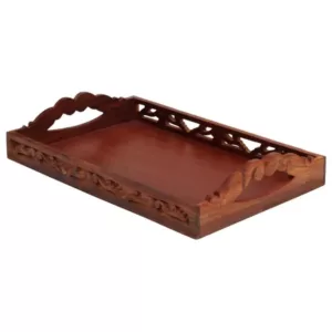 Benzara Carved Brown Wooden Serving Tray with Handles