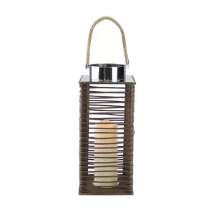Gerson 15.5 in. Contemporary Wooden Corded Lantern with LED Flameless Pillar Candle with Timer