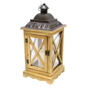 Gerson 17.5 in. Rustic Wooden Lantern with Brown Metal Top and LED Flameless Pillar Candle with Timer