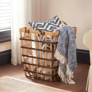 Home Decorators Collection Square Natural Bamboo and Leather Decorative Basket with Leather Handles