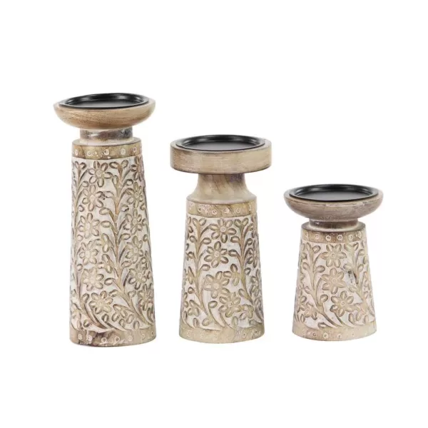 LITTON LANE Brown Iron and Wood Candle Holders with White Accents (Set of 3)