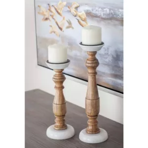 LITTON LANE New Traditional Stained Wood and Marble Candle Holders (Set of 2)