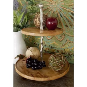 LITTON LANE 2-Tiered Traditional Round Brown Wooden Tray