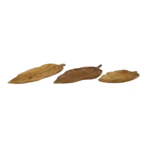 LITTON LANE Large Rustic Leaf-Shaped Natural Teak Wood Serving Trays (Set of 3)