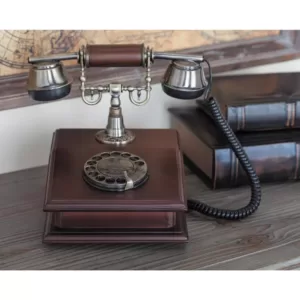 LITTON LANE Maroon, Brass and Black MDF Wood and Metal Vintage Rectangular Telephone Decor