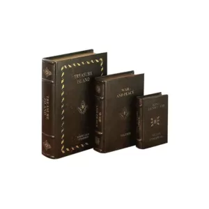 LITTON LANE Vintage Rectangular Wood and Faux Leather "Treasure Island" Book Boxes (Set of 3)