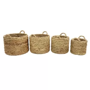 LITTON LANE Round Water Hyacinth and Metal Storage Wicker Baskets (Set of 4)