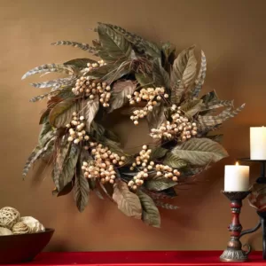 Nearly Natural 24 In. Berry and Feather Wreath