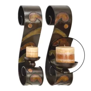 LITTON LANE 19 in. x 5 in. Scrolled Iron Candle Sconces with Metallic Brown Finish (Pair)
