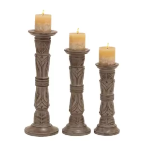 LITTON LANE Rustic Brown Carved Mango Wood Candle Holder (Set of 3)
