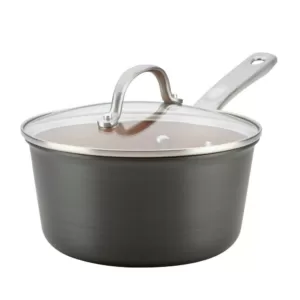 Ayesha Curry Home Collection 3 qt. Hard-Anodized Aluminum Nonstick Sauce Pan in Charcoal Gray with Glass Lid